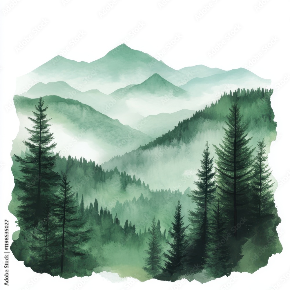 Fototapeta premium Mountains watercolor style green hues abstract landscape pine trees serene scenery
