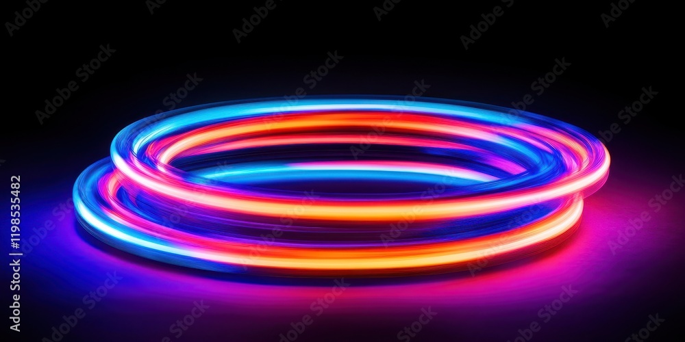 Vibrant Neon Light Trails Abstract Circular Design with Blue, Orange, and Pink Glowing Rings - Stock Photo Vibrant Neon Light Trails Abstract Circular Design with Blue, Orange, and Pink Glowing Rings - Stock Photo