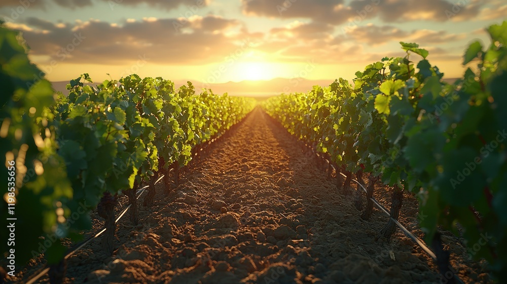 Obraz premium Vineyard Rows Bask in Golden Sunset Glow
