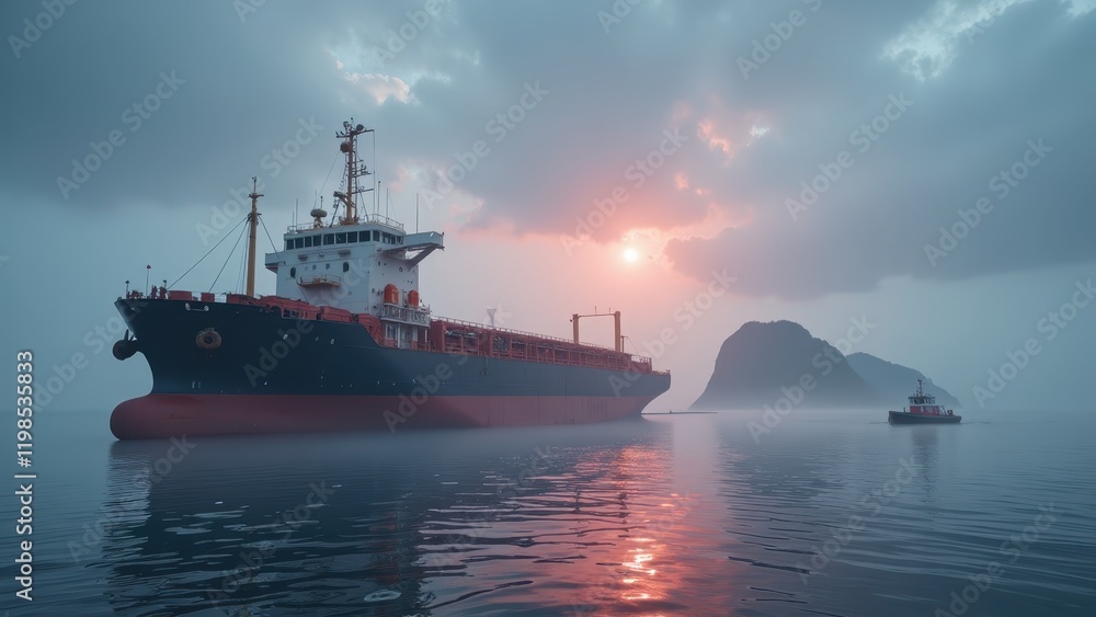 Fototapeta premium A majestic cargo ship navigates through a misty sea, its bow cutting into the dense fog with a rock silhouette looming in the distance. Light blue skies frame the ethereal scene