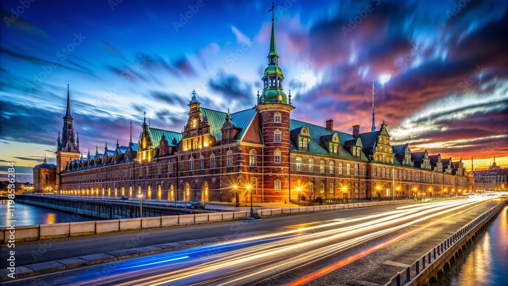 Obraz premium Copenhagen Borsen Stock Exchange Night Photography, August 2018, Denmark