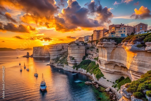 Corsica Bonifacio Cliffs Silhouette Dramatic Sunset Mediterranean Sea