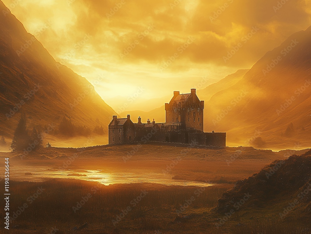 Obraz premium Majestic Eilean Donan Castle bathed in the golden light of sunrise. A breathtaking Scottish landscape.