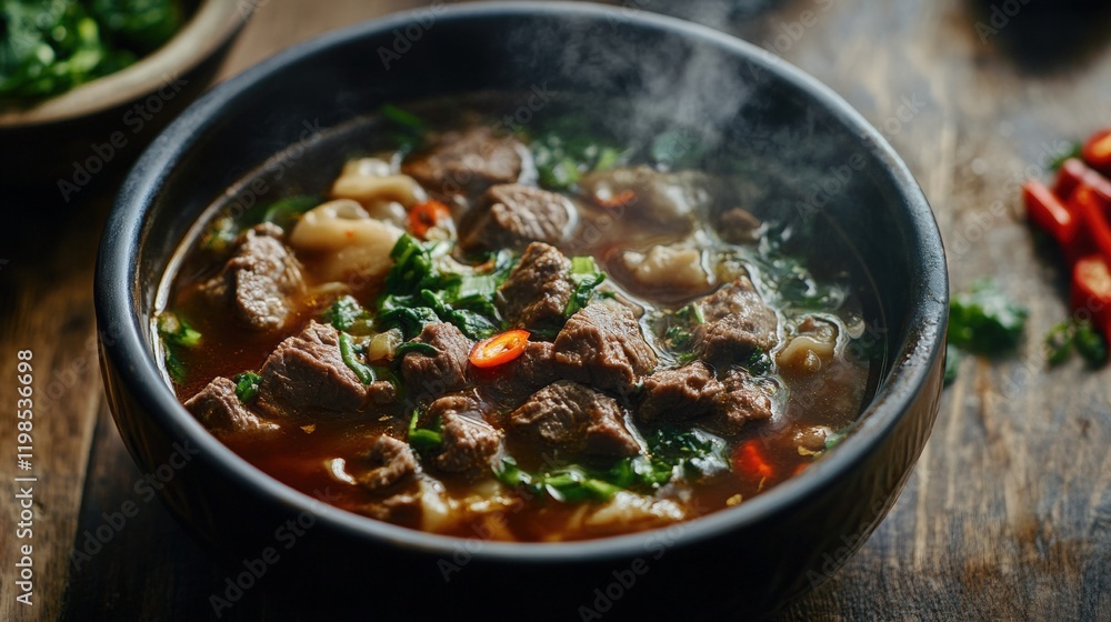 A bowl of hot beef soup on wooden table A bowl of hot beef soup on wooden table