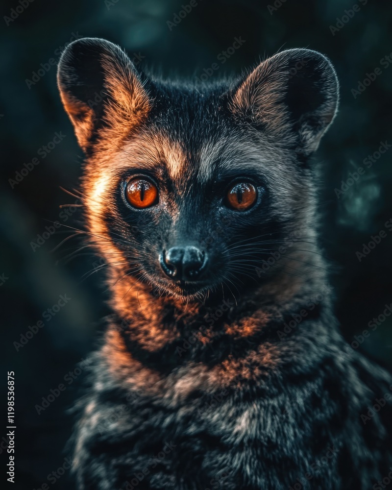 Obraz premium Close-Up Portrait of a Striking Animal with Red Eyes and Unique Fur Patterns in a Dark Natural Environment
