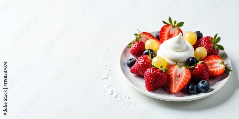 Delightful Dessert Creamy Topping with Fresh Strawberries, Grapes, and Blueberries on a Plate Delightful Dessert Creamy Topping with Fresh Strawberries, Grapes, and Blueberries on a Plate