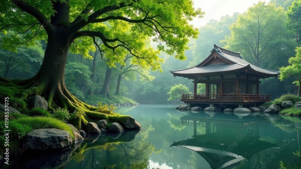 Serene Pavilion Reflecting in a Tranquil Pond Surrounded by Lush Greenery and Ancient Trees Serene Pavilion Reflecting in a Tranquil Pond Surrounded by Lush Greenery and Ancient Trees