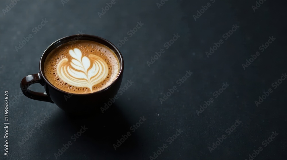Aromatic Coffee with Delicate Latte Art in a Dark Brown Mug on a Dark Surface Aromatic Coffee with Delicate Latte Art in a Dark Brown Mug on a Dark Surface