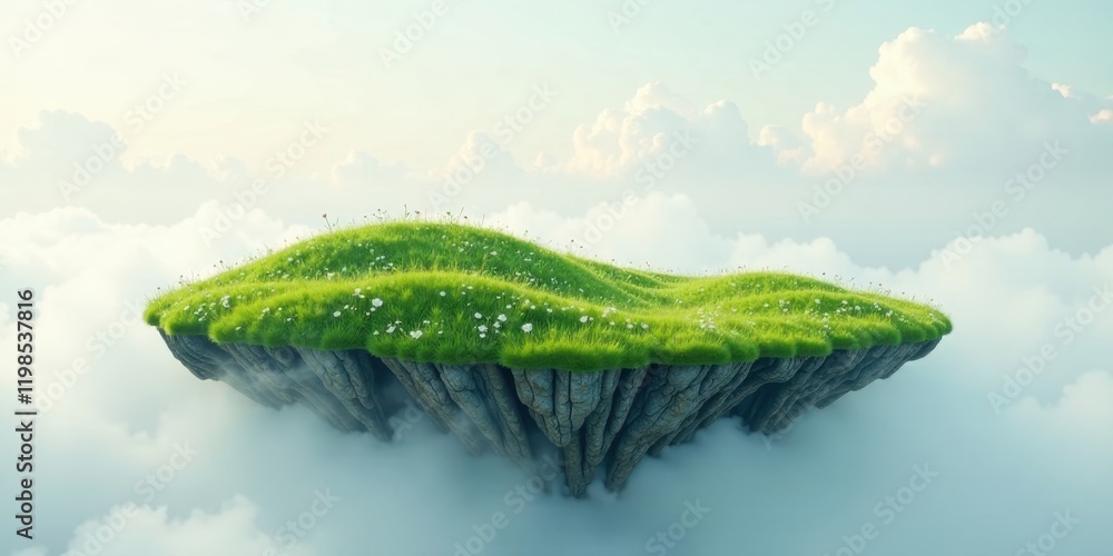Fototapeta premium Enchanted Floating Meadow A Serene Landscape of Grassy Cliffs and Soft Clouds