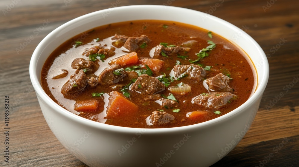 A white bowl of beef soup on wooden table A white bowl of beef soup on wooden table