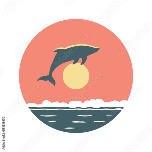 Dolphin Silhouette Jumping on the Ocean Surface with Sun Circle at Sunset Sunrise