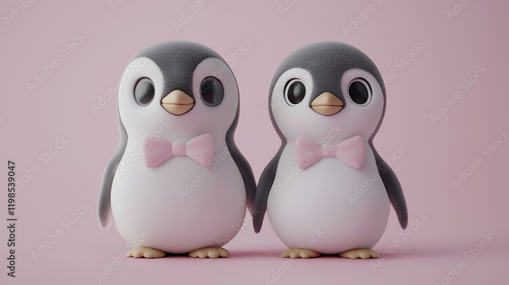 Obraz premium Two cute cartoon penguins wearing pink bows, symbolizing love and companionship against a soft pink background.