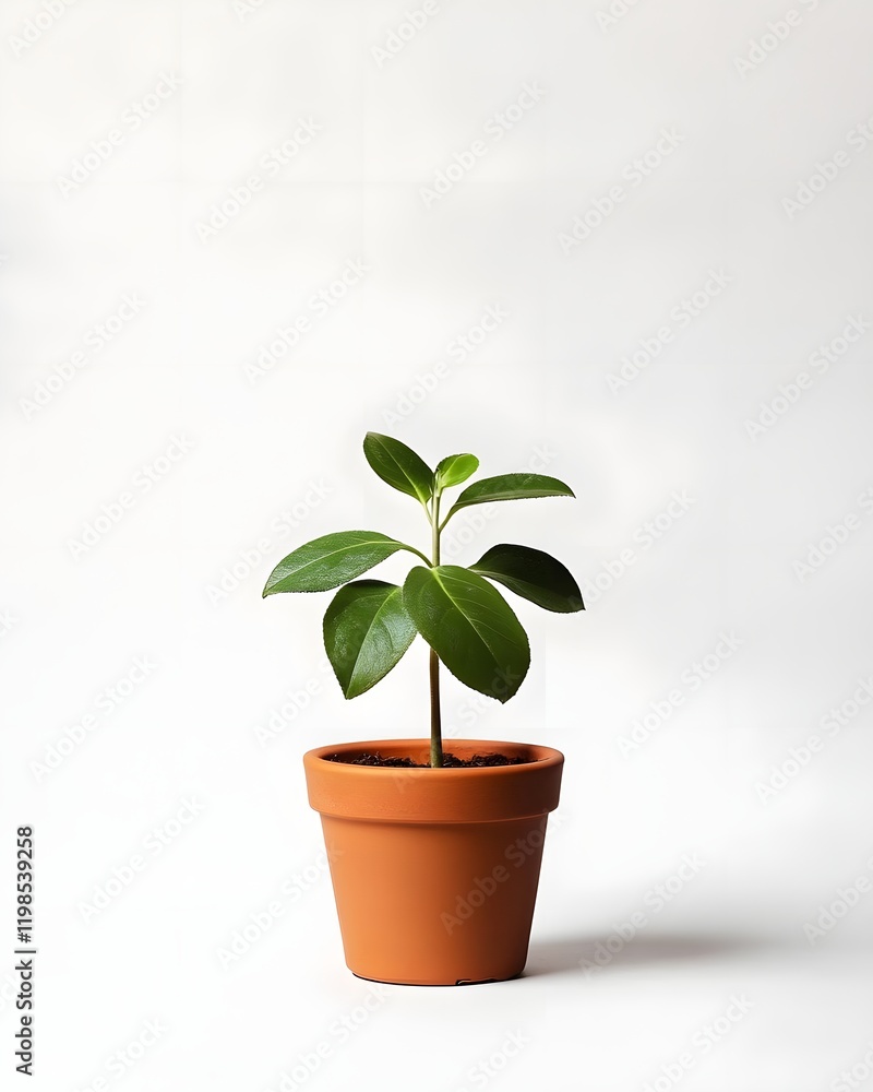 Fototapeta premium A small green plant in a terracotta pot against a plain background.