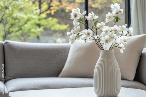 Wallpaper Mural White flowers in vase on coffee table near grey sofa. Torontodigital.ca