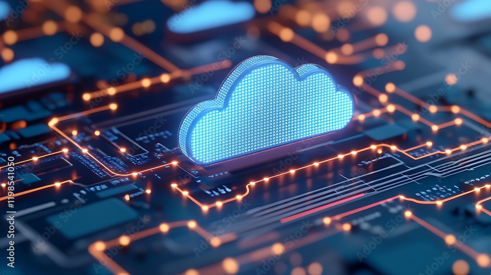 Futuristic Digital Cloud Icon Representing Cloud Computing and Data Storage on Circuit Board Background Futuristic Digital Cloud Icon Representing Cloud Computing and Data Storage on Circuit Board Background