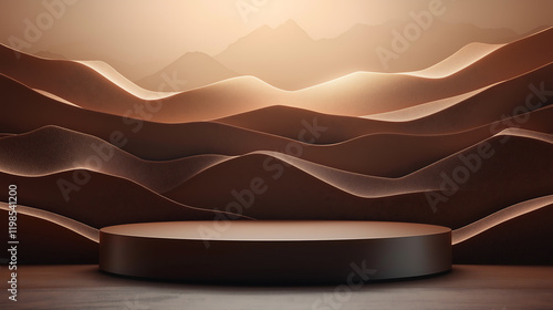 3D rendered podium design with mocha mousse themed waves in background.