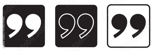 Quote right icon set. double quotation vector symbol. discussion dialog remark open and close quote sign in black filled and outlined style.