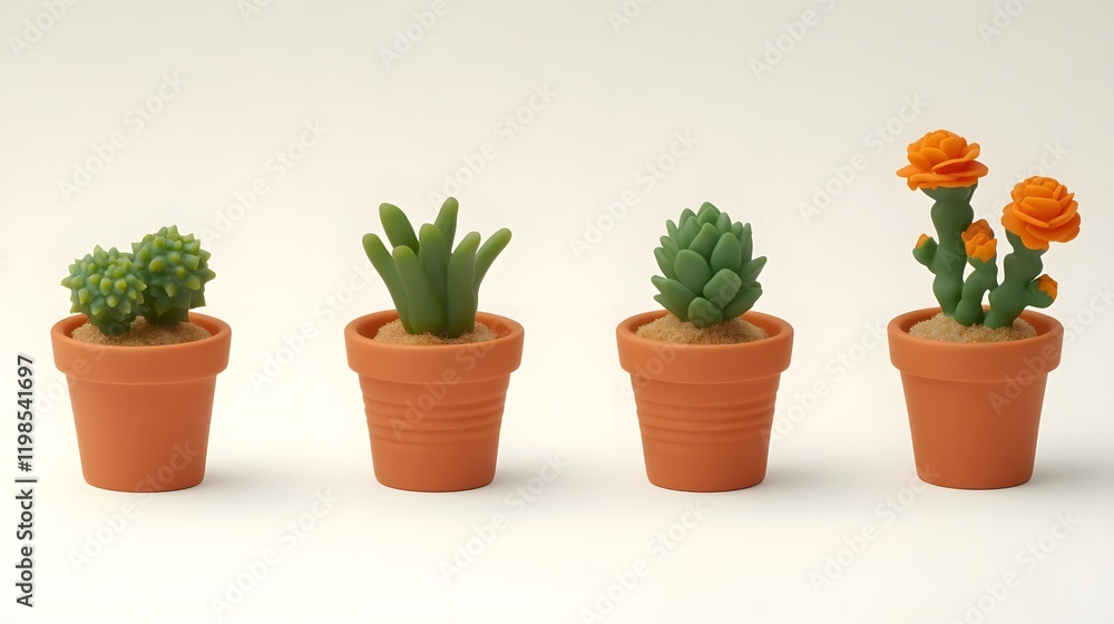 A collection of four colorful potted succulents in terracotta pots. A collection of four colorful potted succulents in terracotta pots.