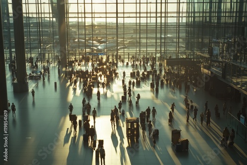 Crowded airport terminal at sunset, passengers walking.
