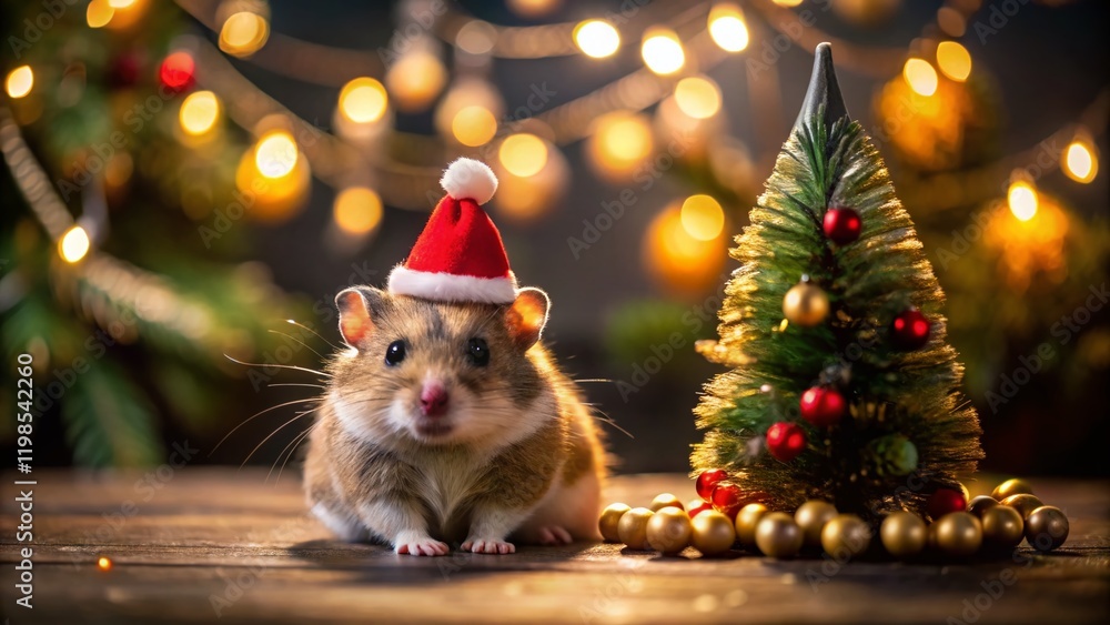 Cute Rodent in Santa Hat by Christmas Tree - Festive Winter Stock Photo Cute Rodent in Santa Hat by Christmas Tree - Festive Winter Stock Photo