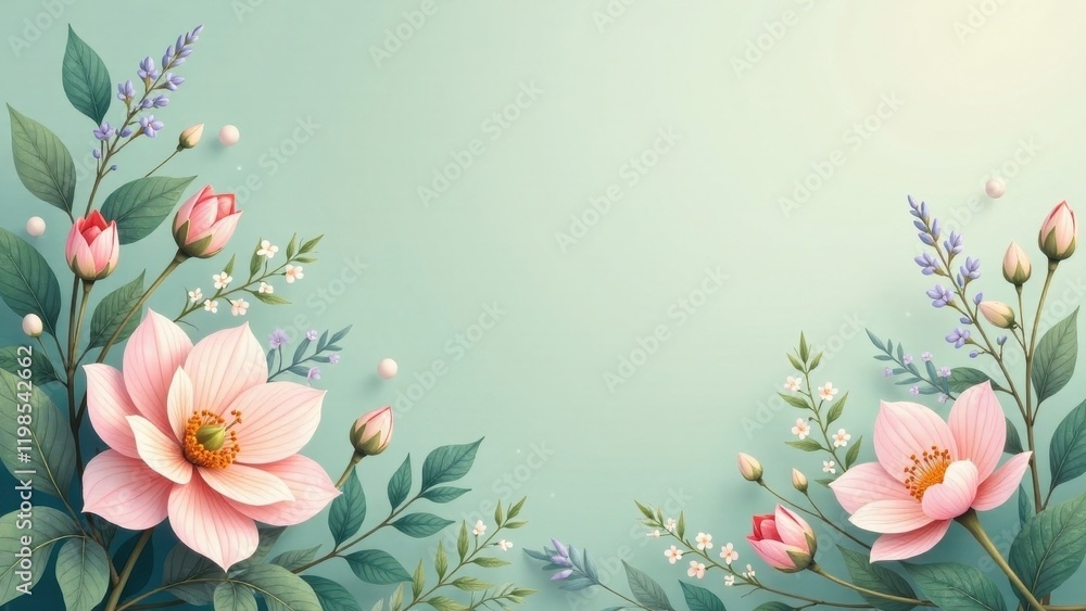 Elegant Floral Border Design with Delicate Pink Blooms and Soft Green Foliage on a Pastel Background Elegant Floral Border Design with Delicate Pink Blooms and Soft Green Foliage on a Pastel Background