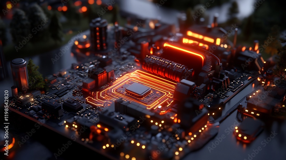 Fototapeta premium Cyberpunk Cityscape on a Motherboard: A Futuristic Digital Landscape