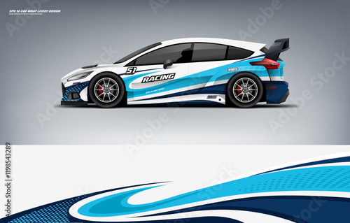 Sporty Car branding mockup with racing wrap decal or livery design, Hatchback wrap white and blue livery design