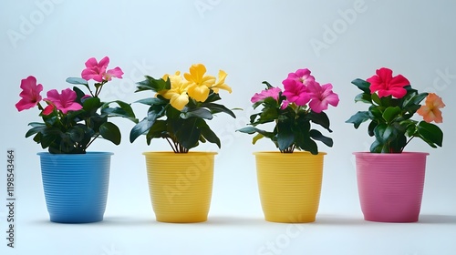 Wallpaper Mural Four colorful potted plants with vibrant flowers against a light background. Torontodigital.ca
