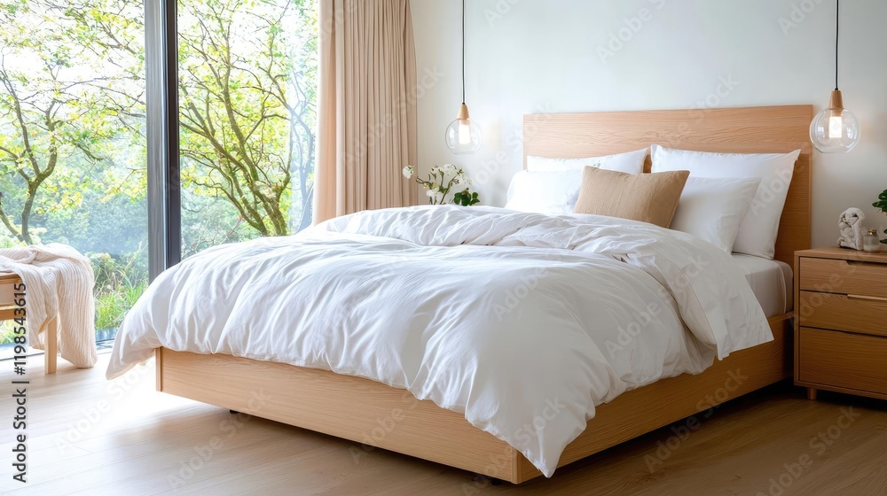 Modern bedroom, sunlight, nature view, calm ambience, home decor Modern bedroom, sunlight, nature view, calm ambience, home decor