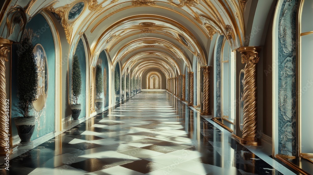 Fototapeta premium Luxurious palace hallway with gold arches, teal walls, checkered floor, and sunlight streaming through windows.