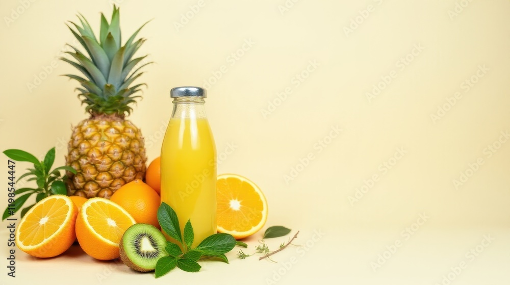 Fototapeta premium Refreshing Tropical Fruit Juice in a Glass Bottle with Pineapple and Oranges