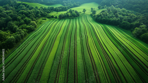A lush green field with parallel rows, surrounded by dense trees