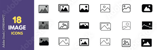 A collection of 18 minimalist photo and image icons in black outline style. Perfect for user interfaces, websites, and app design. Features various representations of picture placeholders and gallery.