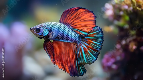 A stunning betta fish with vibrant colors swimming in an aquarium.