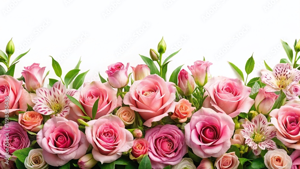 Fototapeta premium Delicate Pink Rose & Alstroemeria Flower Border - Elegant Floral Frame on White Background