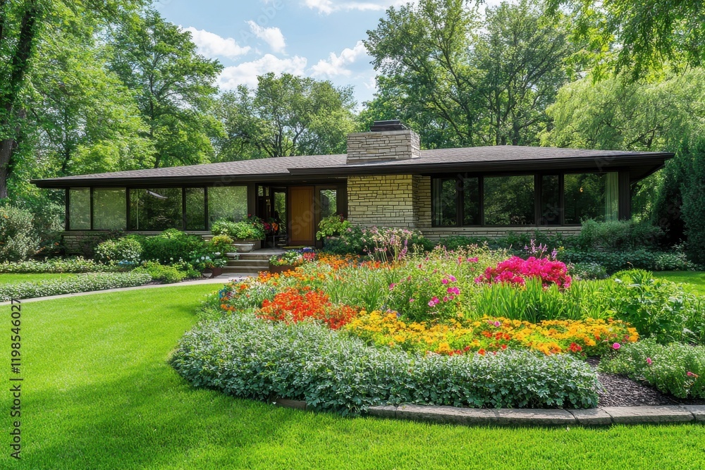 Naklejka premium A spacious backyard featuring a well-manicured lawn, ornamental shrubs, and potted plants arranged symmetrically