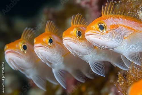 Four striking orange fish, closely arranged, creating a captivating underwater scene.