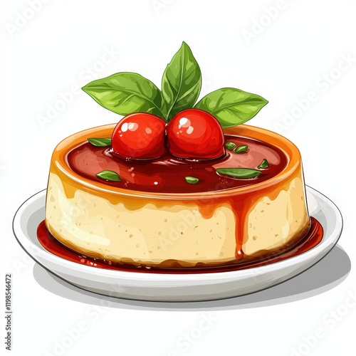 Spanish food flan national cuisine dish isolated on white background, colorful cartoon illustration photo