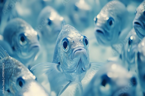 Close-up of a school of fish in the ocean, showcasing their serene movements and the beauty of underwater life. Blue tones dominate the image.