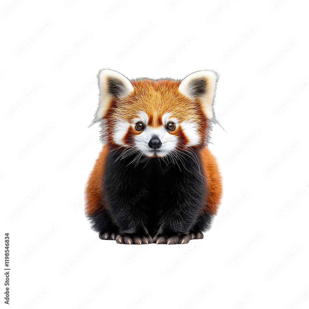 Cute red panda with fluffy fur and distinct markings, sitting attentively and staring forward on a black background. Cute red panda with fluffy fur and distinct markings, sitting attentively and staring forward on a black background.