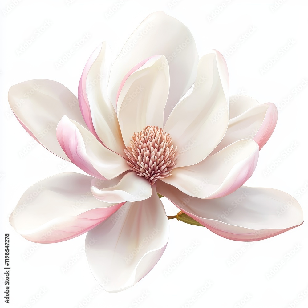 Naklejka premium Single white magnolia blossom with pink undertones, isolated on white background.