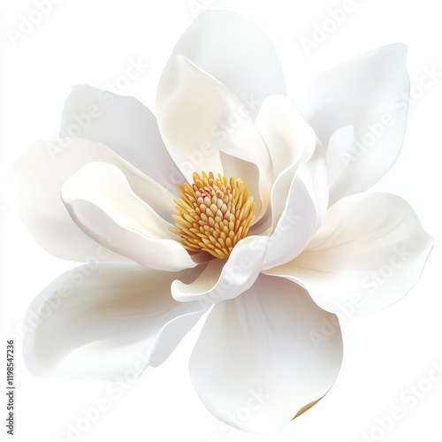 Close-up of a single, pristine white magnolia blossom with a yellow center, isolated on a white background.