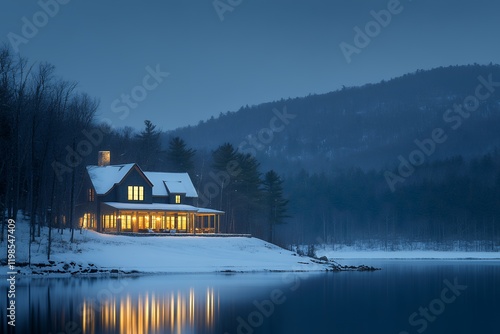 A cozy lakeside cabin glows warmly against the backdrop of a snow-covered winter landscape at dusk.