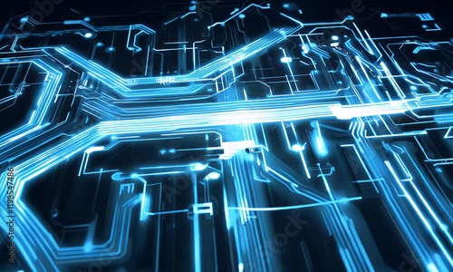 A futuristic digital circuit board glowing with blue light, representing advanced technology, data flow, and interconnected systems in cyberspace.