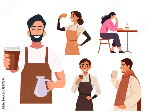barista preparing making professional coffee different people cartoon character drinking hot drink illustration clipart