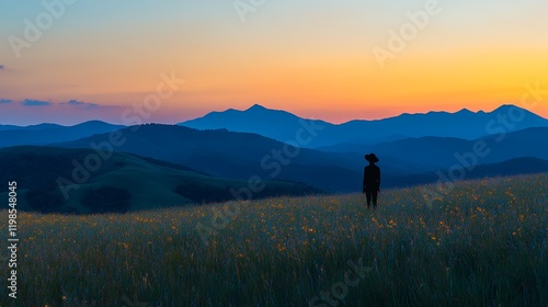 A person silhouetted against a vibrant sunset over rolling mountains.  The scene is peaceful and serene.