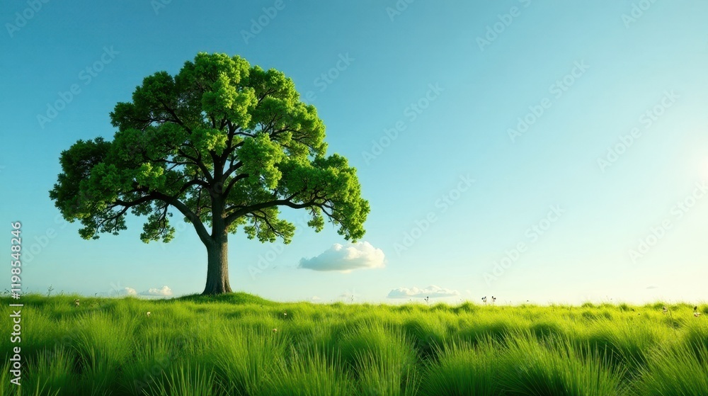 Obraz premium Serene Landscape Featuring a Majestic Oak Tree on a Verdant Meadow Under a Clear Blue Sky
