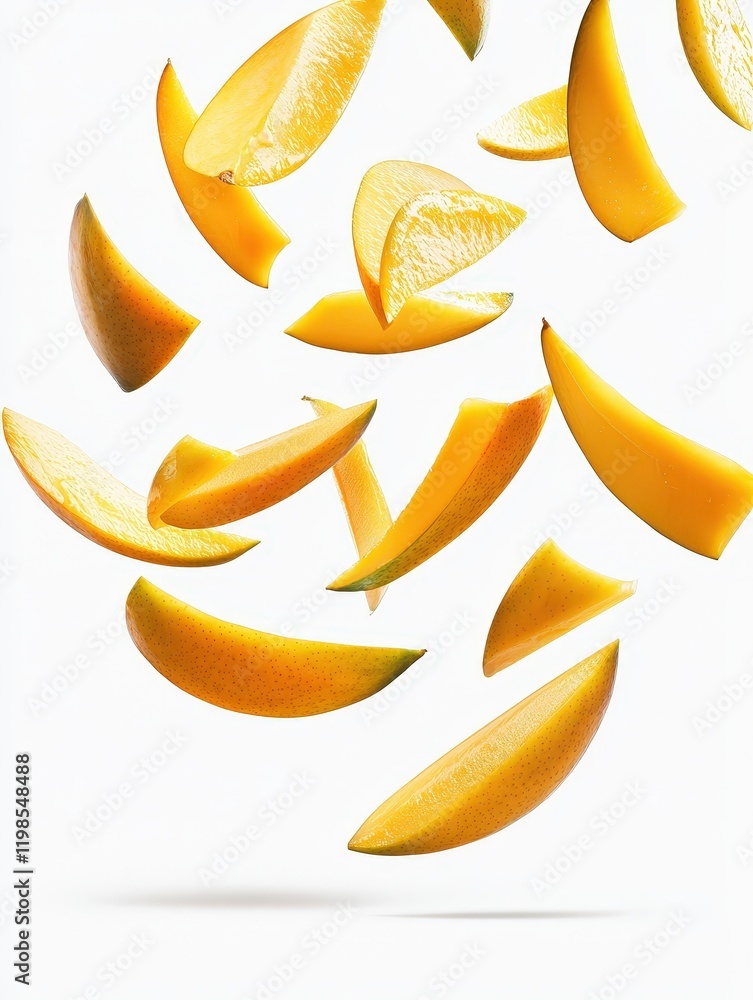 Falling identical mango slices floating in the air isolated on white background Falling identical mango slices floating in the air isolated on white background