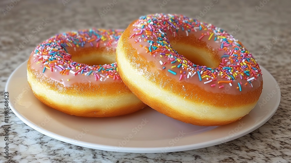 Two pink frosted donuts with sprinkles on a white plate. Two pink frosted donuts with sprinkles on a white plate.