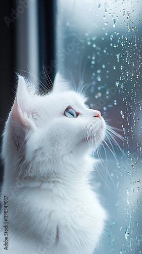 Adorable white kitten looking out a rain-streaked window.